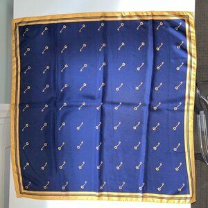 💙✨ Vintage Navy & Gold Key Print Square Scarf | Classic 30” Silk-Style Design